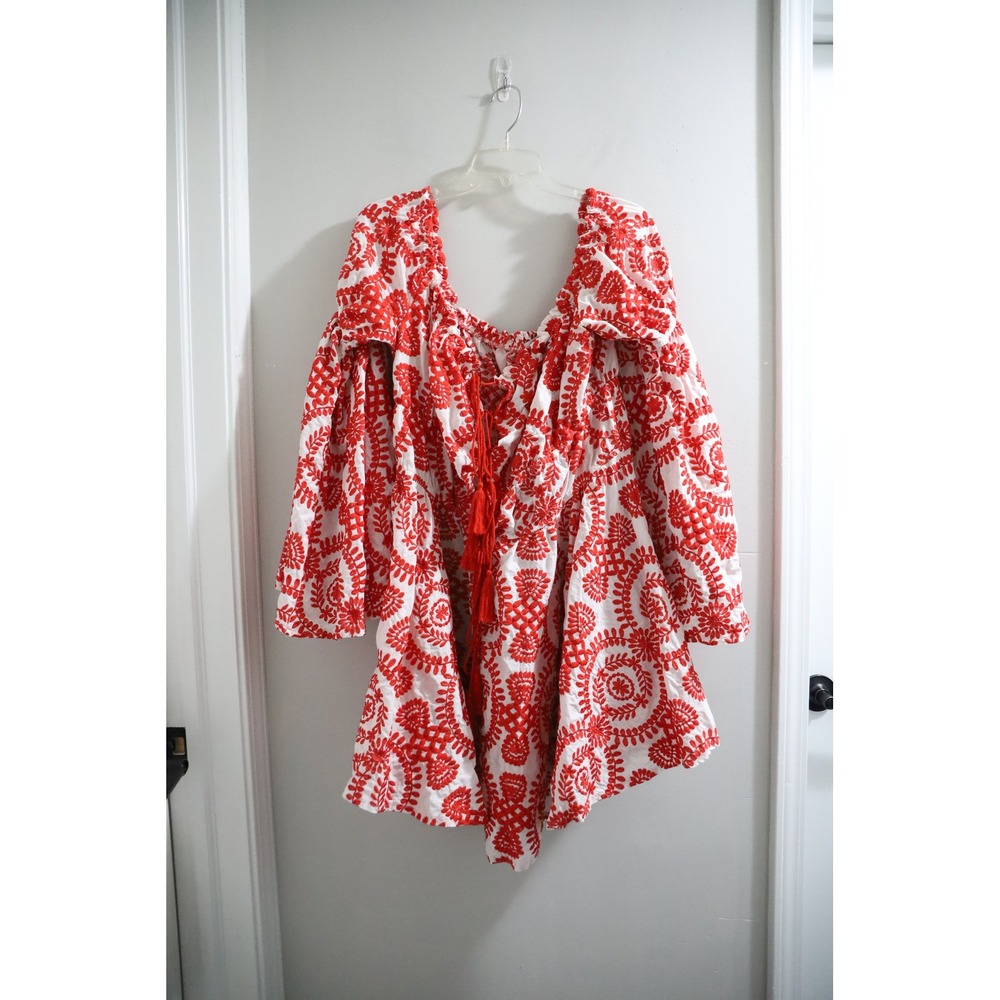 Fashion Nova Red Embroidered Peasant dress Blouse Boho Tassel Tie Bell Sleeve
